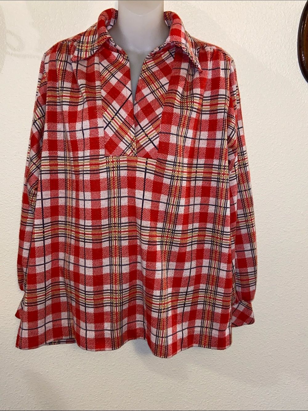 VTG, Handmade Red Plaid Puff-Sleeve Tie-Neck Blouse No Label Size Approximate XL